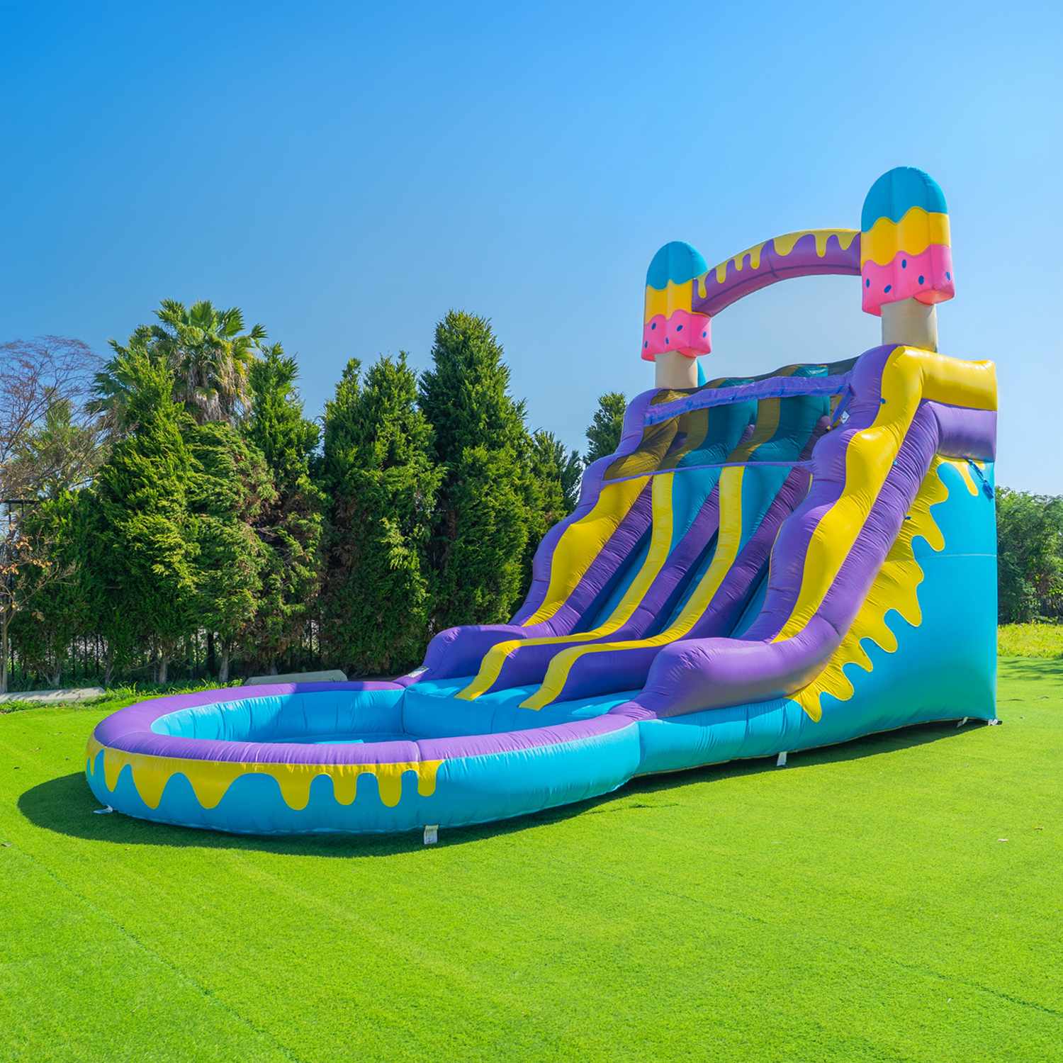 NEW! POP JUMP Ice Pop 16' Dual Lane Center Climb Waterslide with Attached Pool