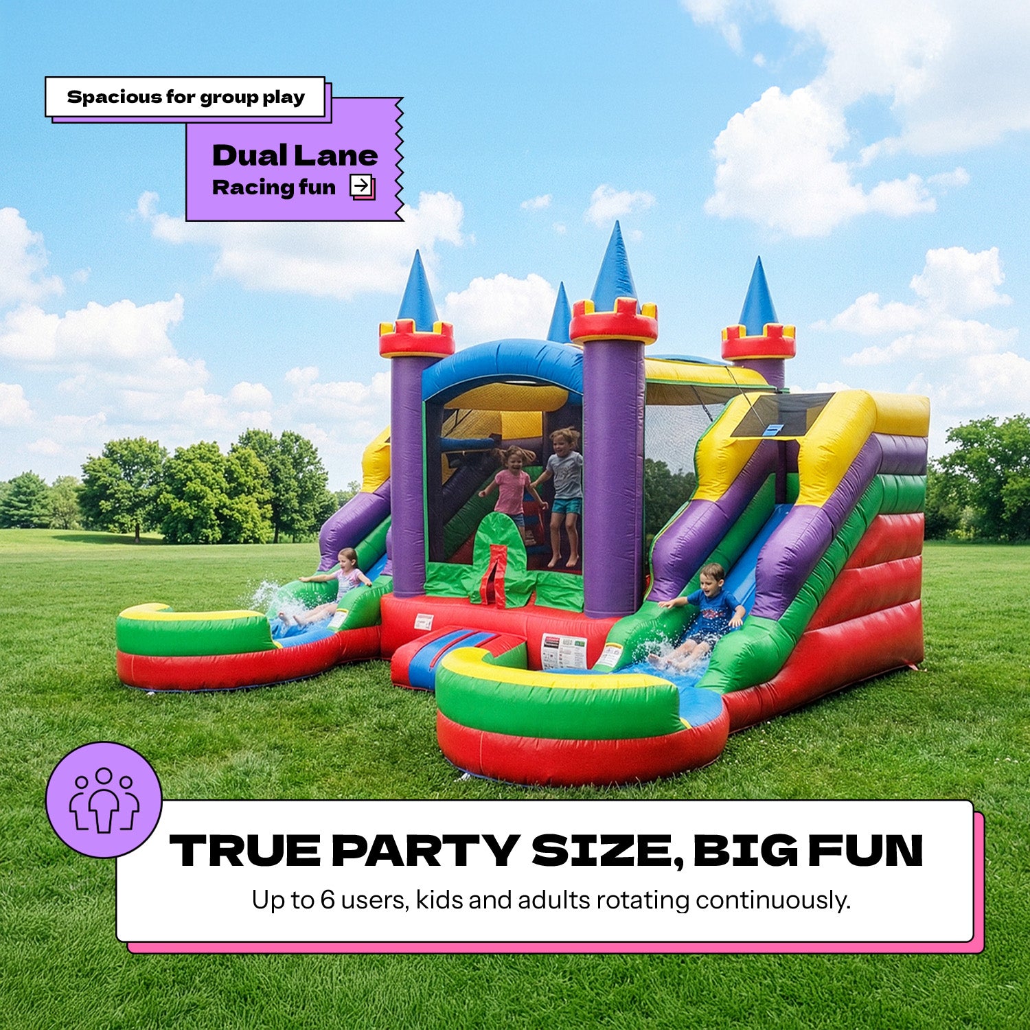POP JUMP Rainbow Castle 17' Bounce House with Slide Combo & Basketball Hoop