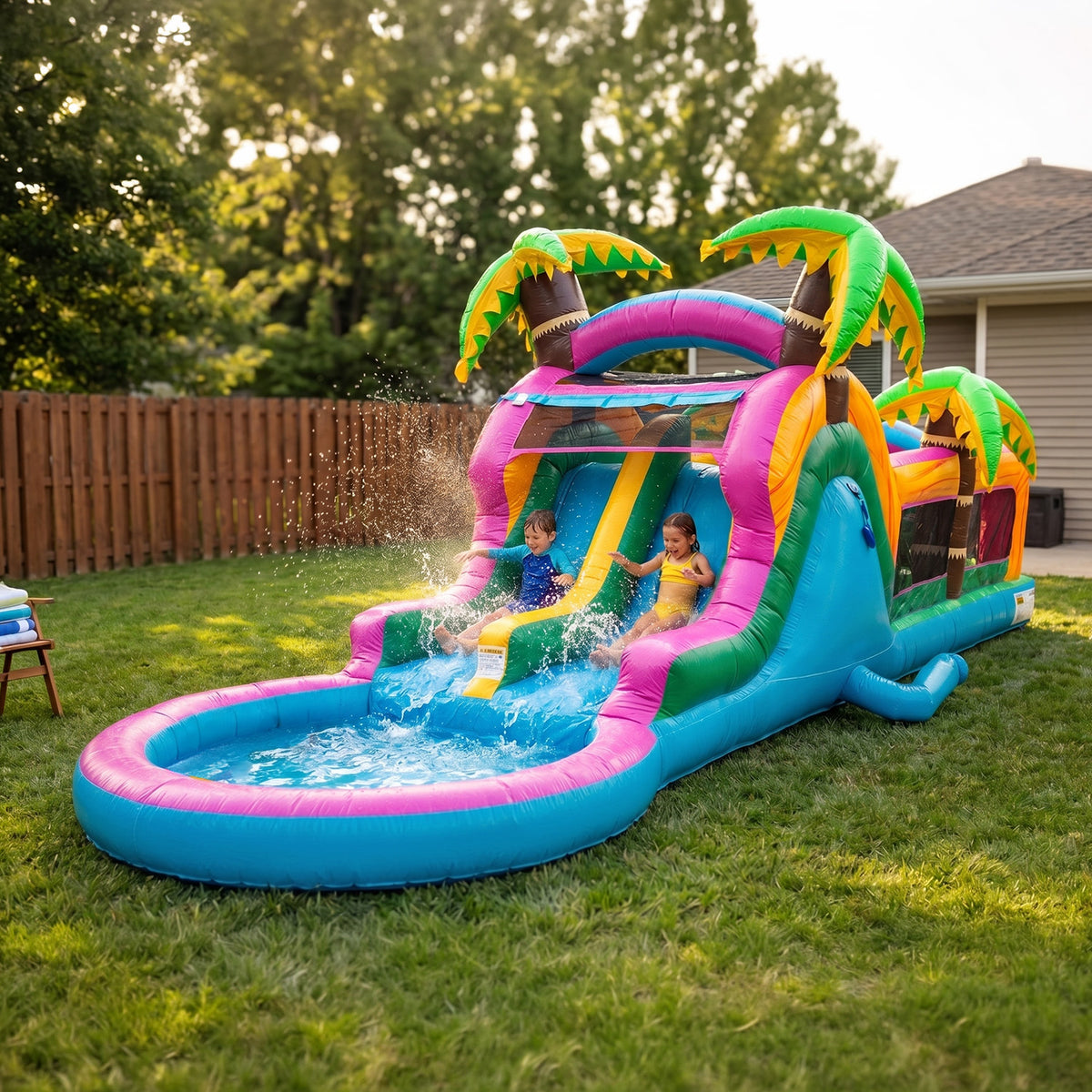 POP JUMP Electric Island 28' Obstacle Course with Dual Lane Waterslide & Deep Pool