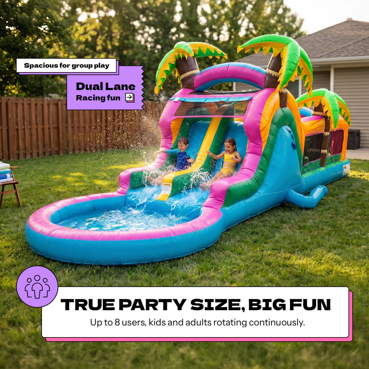 POP JUMP Electric Island 28' Obstacle Course with Dual Lane Waterslide & Deep Pool