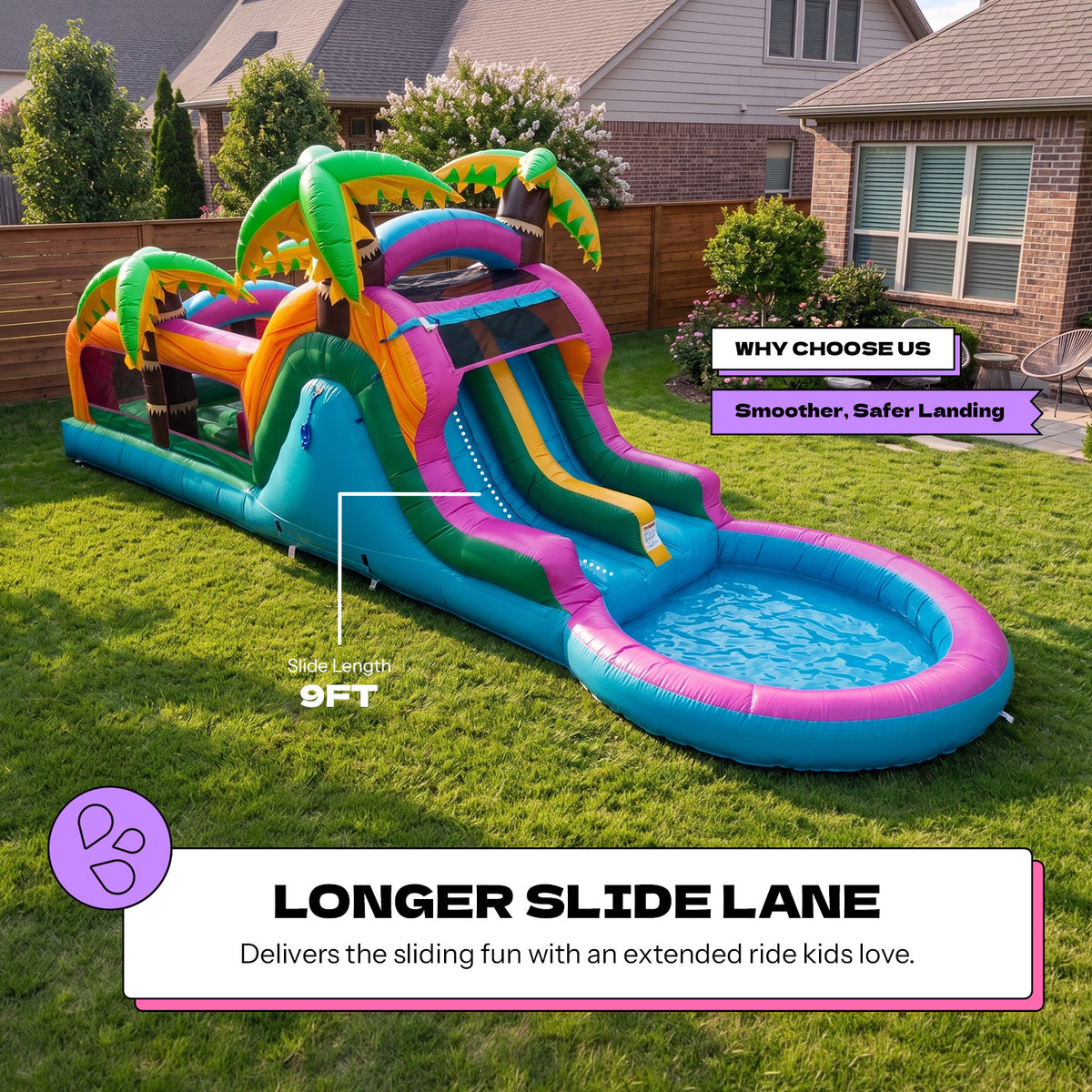POP JUMP Electric Island 28' Obstacle Course with Dual Lane Waterslide & Deep Pool