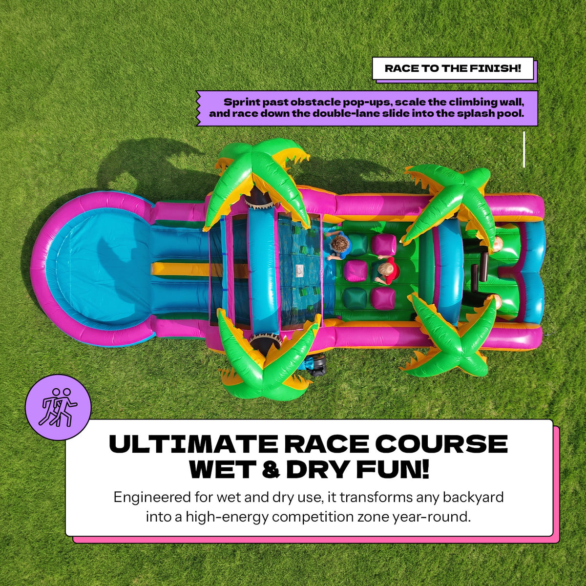 POP JUMP Electric Island 28' Obstacle Course with Dual Lane Waterslide & Deep Pool