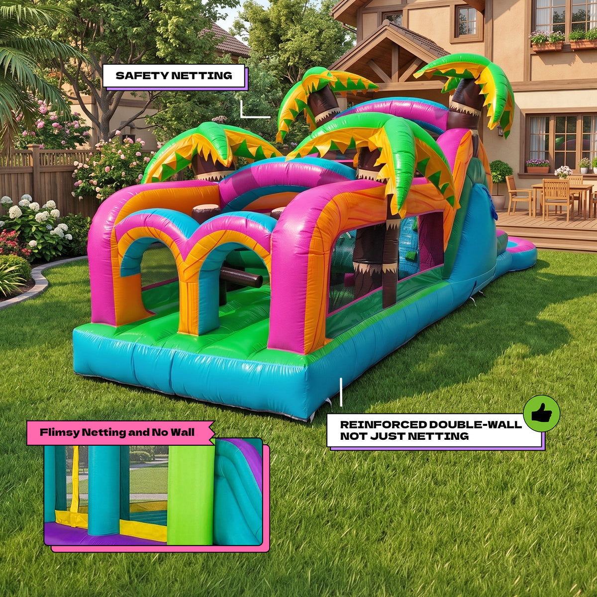 POP JUMP Electric Island 28' Obstacle Course with Dual Lane Waterslide & Deep Pool