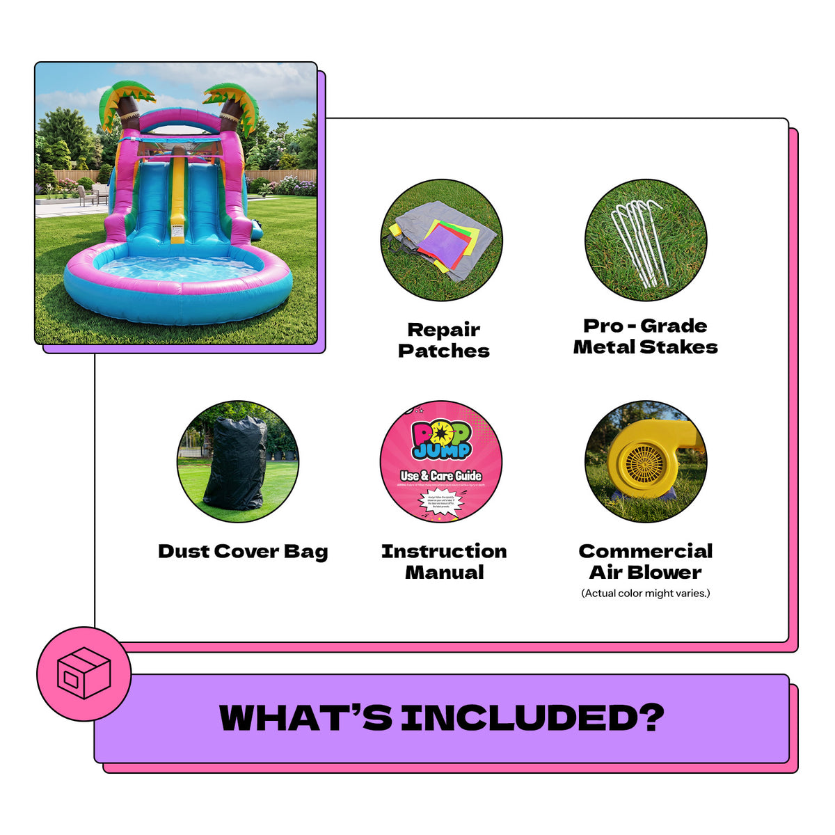 POP JUMP Electric Island 28' Obstacle Course with Dual Lane Waterslide & Deep Pool