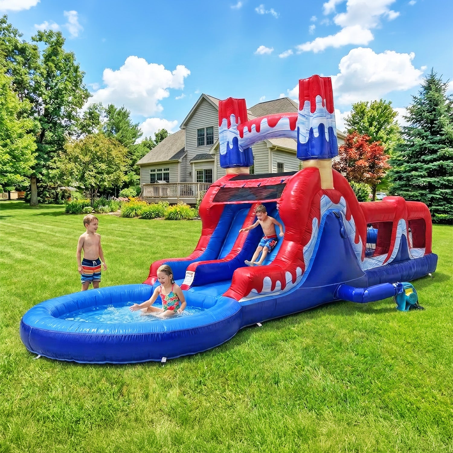 ( PRE-ORDER Ships AUG 24) POP JUMP Ice Rocket 28' Obstacle Course with Dual Lane Waterslide & Attached Deep Pool