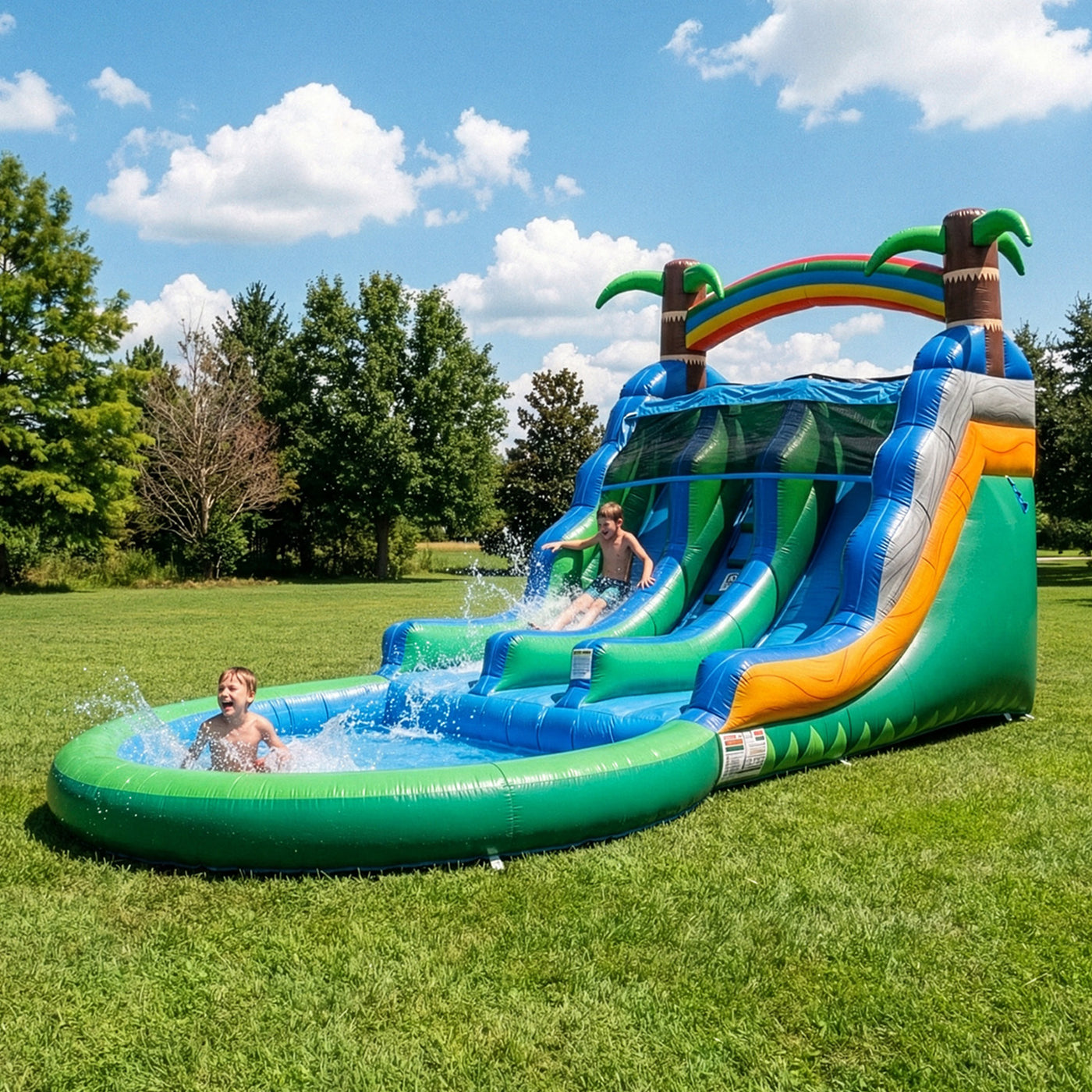 POP JUMP Tropical Island 13' Dual Lane Center Climb Waterslide with Attached Pool