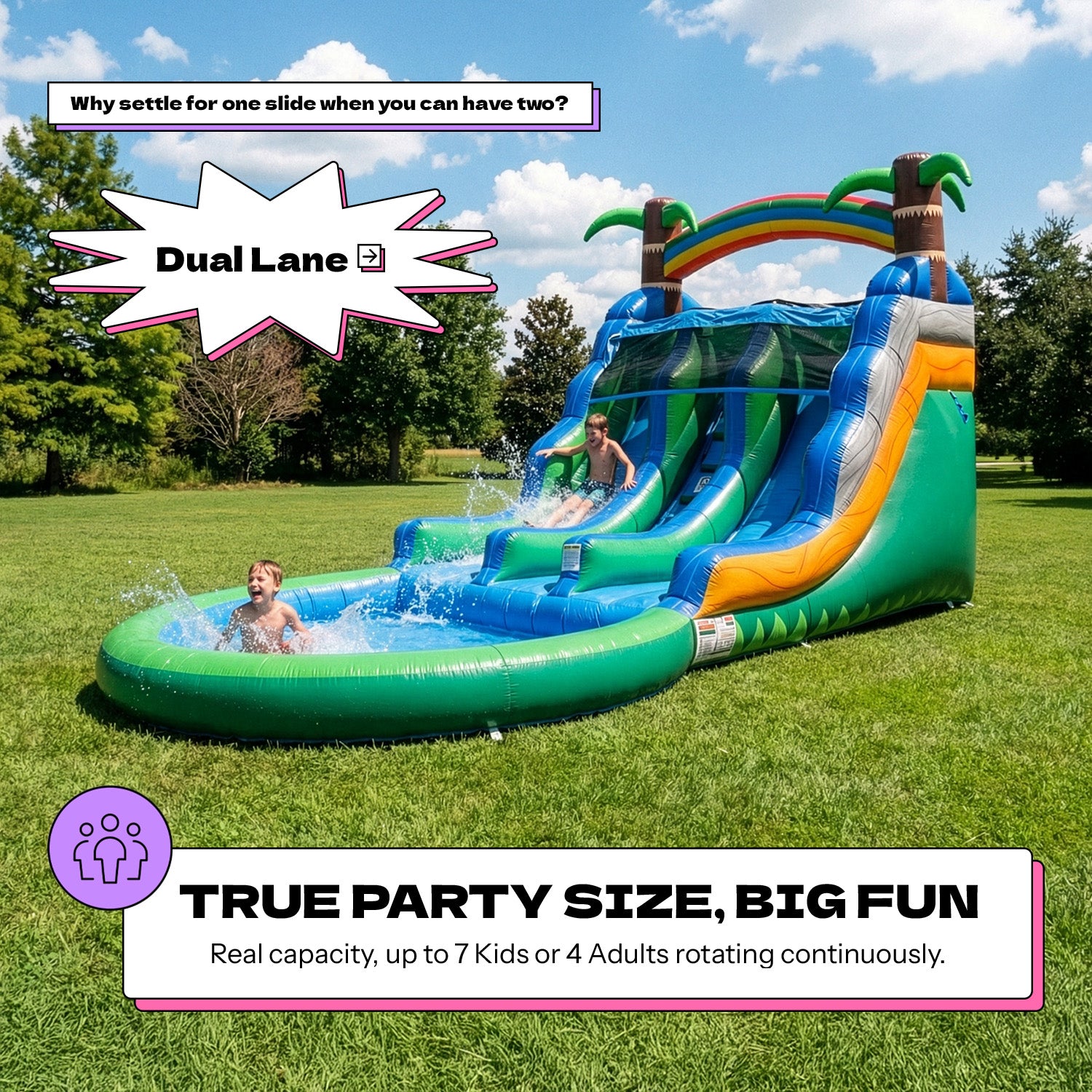POP JUMP Tropical Island 13' Dual Lane Center Climb Waterslide with Attached Pool