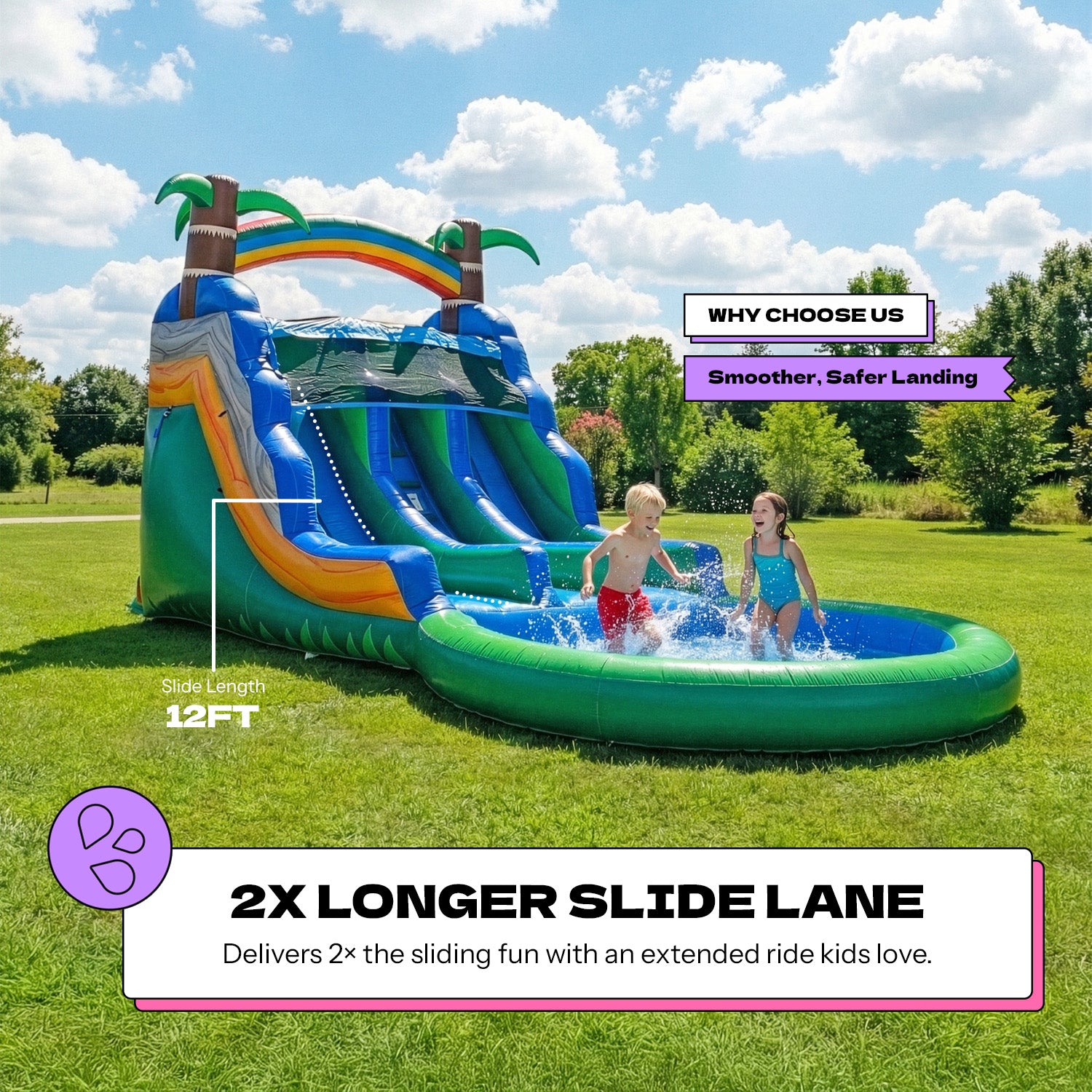 POP JUMP Tropical Island 13' Dual Lane Center Climb Waterslide with Attached Pool