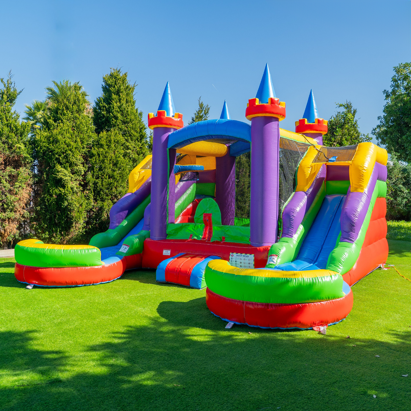 POP JUMP Rainbow Castle 17' Bounce House with Slide Combo & Basketball Hoop